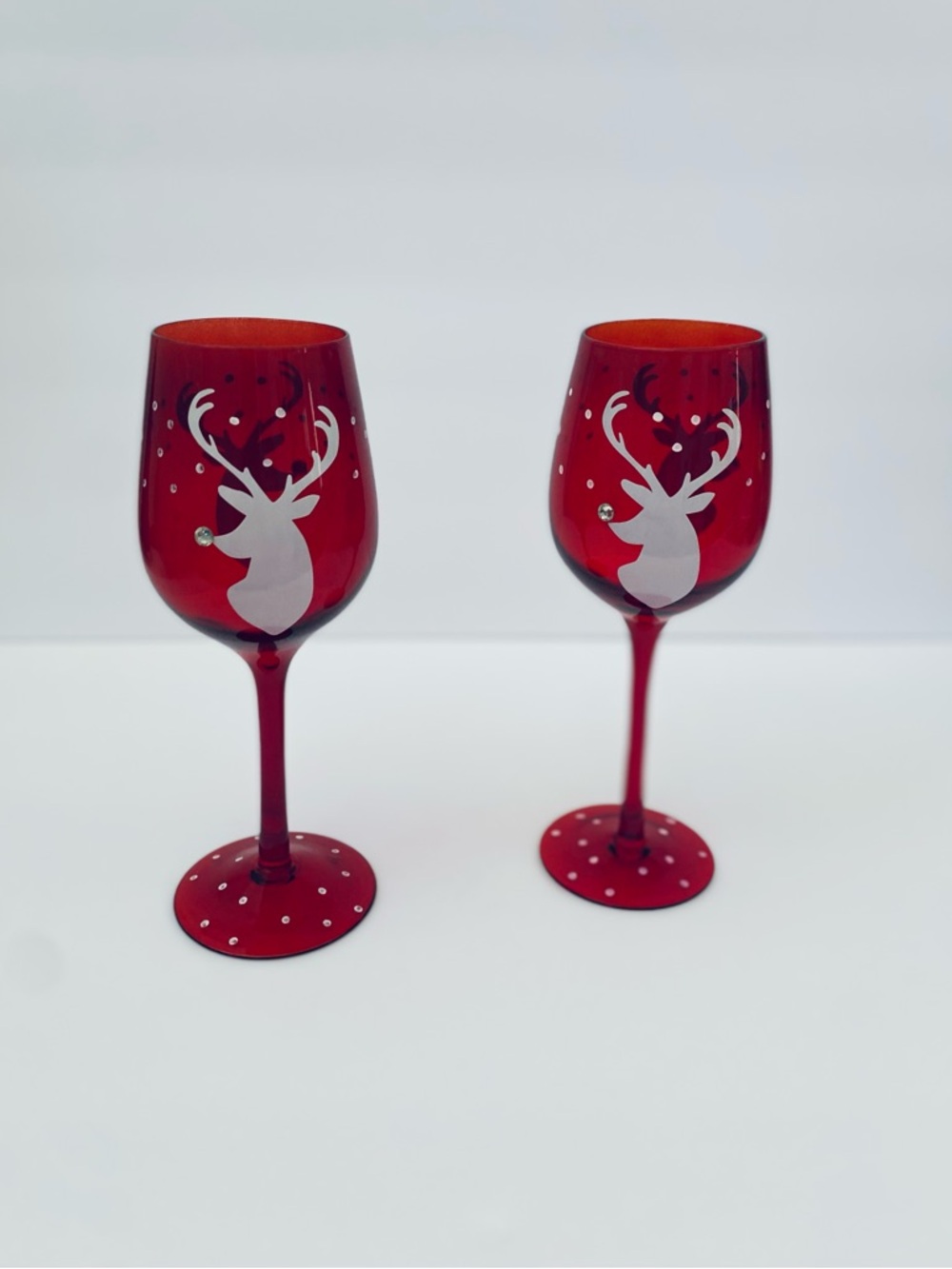 Festive Red Hand Painted Wine Glass White Reindeer Rhinestones Holiday Set Of 2